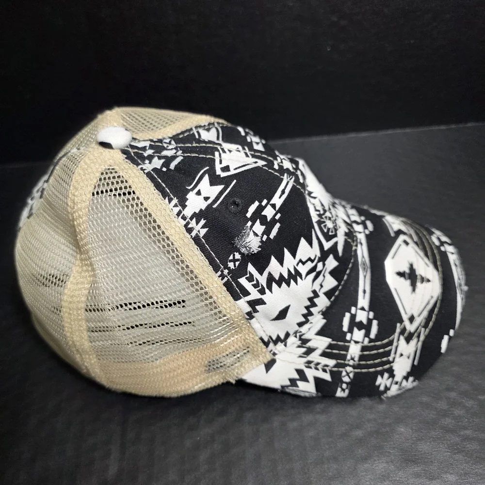 C.C Aztec Finish‎ Mesh Back Ponytail Baseball Cap Black & White Distressed Look